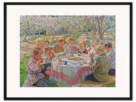 Gerahmter Kunstdruck Kindergruppe im Garten mit blühenden Apfelbäumen