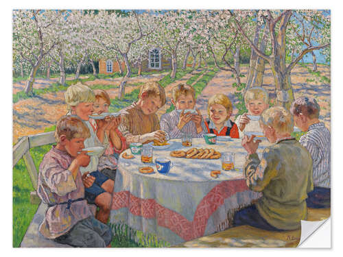 Sticker mural Children group in the garden with flowering apple trees