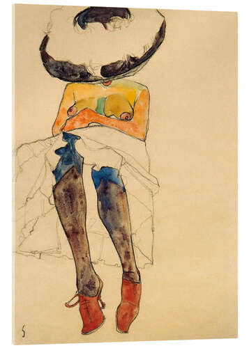 Akrylbilde Seated Semi Nude with Hat and Purple Stockings