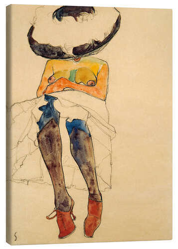 Lerretsbilde Seated Semi Nude with Hat and Purple Stockings