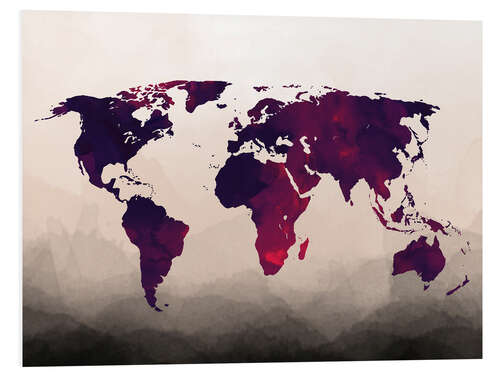 Print på skumplade World Map Reddish Purple