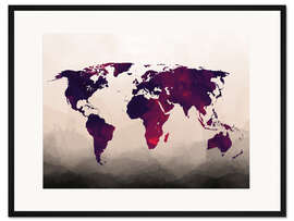 Gerahmter Kunstdruck Weltkarte in Lila/Rot