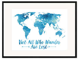 Ingelijste kunstdruk World map in blue