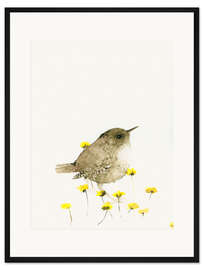 Gerahmter Kunstdruck Zaunkönig und gelbe Blumen
