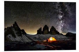 Foam board print Loneley camper with Milky Way at Dolomites