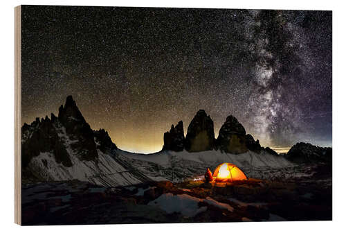 Hout print Loneley camper with Milky Way at Dolomites