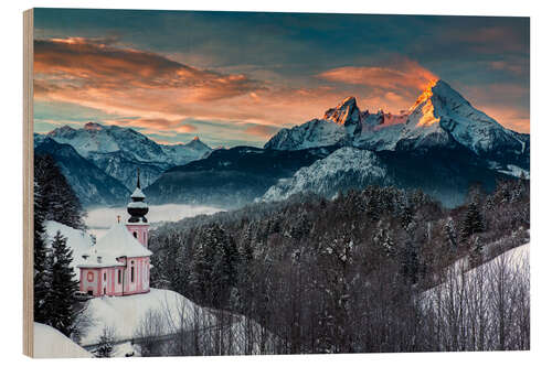 Tableau en bois Alpenglow au chaînon du Watzmann