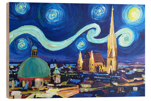 Holzbild Starry Night in Wien Österreich St. Stephan -Kathedrale Van Gogh Inspirations