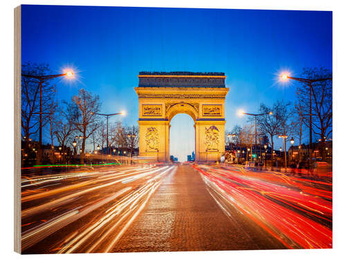 Wood print Arc de Triomphe and Champs-Elysees at night in Paris France