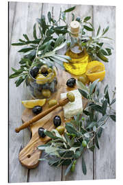 Aluminium print  Green and black olives with a bottle of olive oil