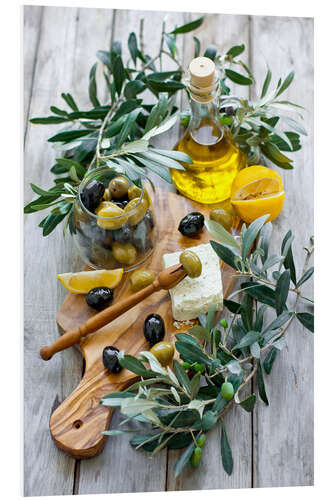 Foam board print Green and black olives with a bottle of olive oil