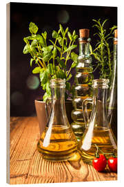 Holzbild  Olivenöl in Flaschen