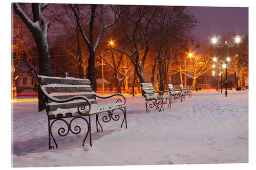 Acrylic print Park bench on a winter morning