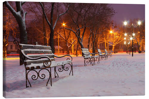 Canvas print Park bench on a winter morning
