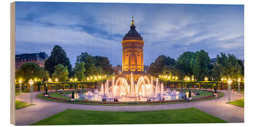 Quadro de madeira Torre de água de Mannheim e jardim de rosas à noite