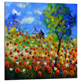 Aluminium print Poppy field with church