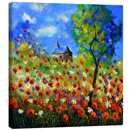 Canvas print Poppy field with church