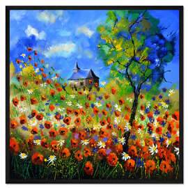 Gerahmter Kunstdruck Mohnfeld mit Kirche