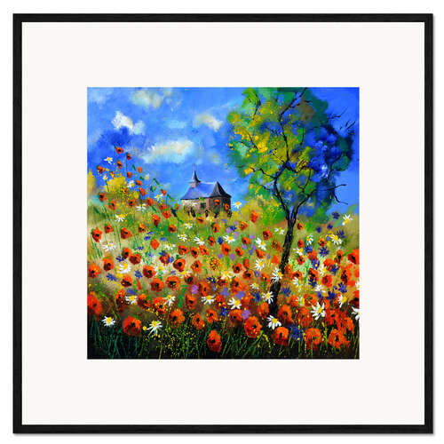 Framed art print Poppy field with church