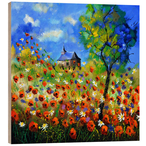 Wood print Poppy field with church