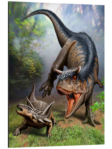 Obraz na aluminium Carnotaurus attacking at Antarctopelta armored dinosaur