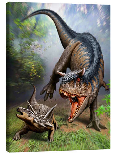 Canvas-taulu Carnotaurus attacking at Antarctopelta armored dinosaur