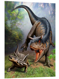 Foam board print Carnotaurus attacking at Antarctopelta armored dinosaur