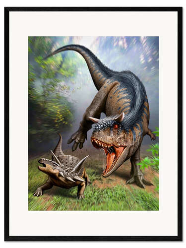 Inramat konsttryck Carnotaurus attacking at Antarctopelta armored dinosaur