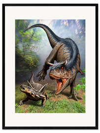 Inramat konsttryck Carnotaurus attacking at Antarctopelta armored dinosaur