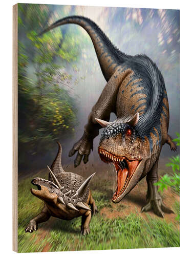 Wood print Carnotaurus attacking at Antarctopelta armored dinosaur