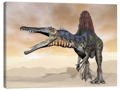 Canvas-taulu Spinosaurus dinosaur roaring in the desert.