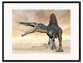 Framed art print Spinosaurus dinosaur roaring in the desert.