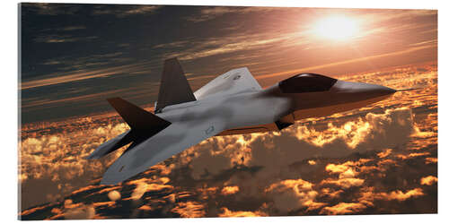 Akrylglastavla An F-22 fighter jet flies at an altitude above the cloud layer on its mission.