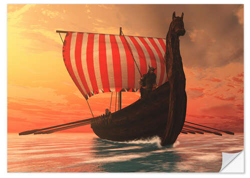 Selvklebende plakat A Viking longboat sails to new shores