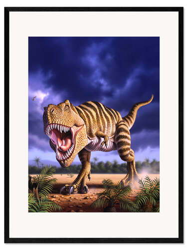 Kunsttryk i ramme A Tyrannosaurus Rex attacks, lit by the late afternoon sun.