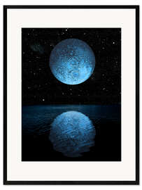 Framed art print A blue moon rising over a calm alien ocean with a starry sky as a backdrop.