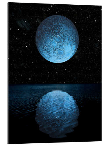 Gallery print A blue moon rising over a calm alien ocean with a starry sky as a backdrop.