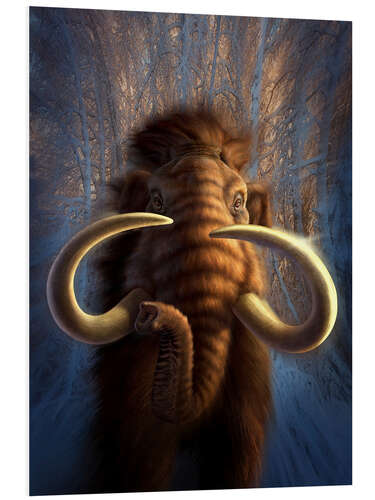 Cuadro de PVC A Woolly Mammoth bursting out of a snowy, wooded backdrop.