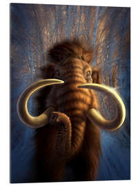 Tableau en plexi-alu A Woolly Mammoth bursting out of a snowy, wooded backdrop.