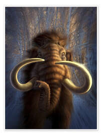 Wall print A Woolly Mammoth bursting out of a snowy, wooded backdrop. - Jerry LoFaro