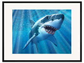 Gerahmter Kunstdruck Großer weißer Hai in den Sonnenstrahlen unter der Wasseroberfläche