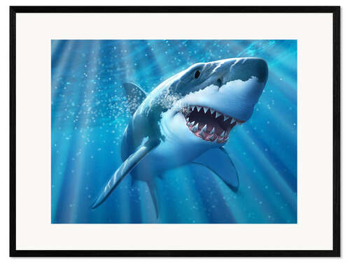 Framed art print A Great White Shark with sunrays just below the surface.
