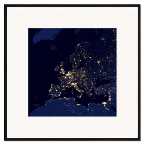 Impresión de arte enmarcada Satellite view of city lights in several European and Nordic cities.
