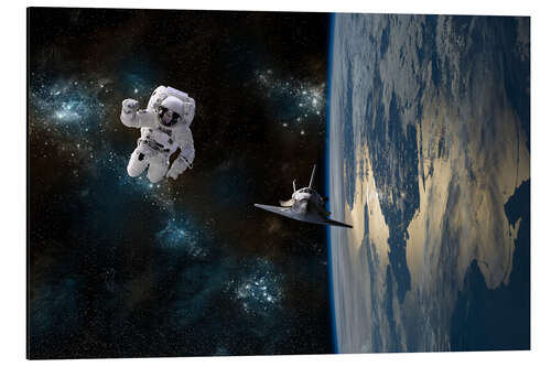 Aluminiumsbilde An astronaut drifting in space is rescued by a space shuttle orbiting Earth.