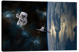 Canvas print An astronaut drifting in space is rescued by a space shuttle orbiting Earth.