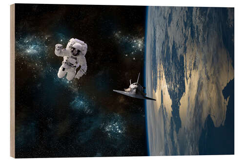 Hout print An astronaut drifting in space is rescued by a space shuttle orbiting Earth.