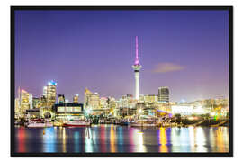 Gerahmter Kunstdruck Auckland Hafen und Skyline bei Nacht, Neuseeland