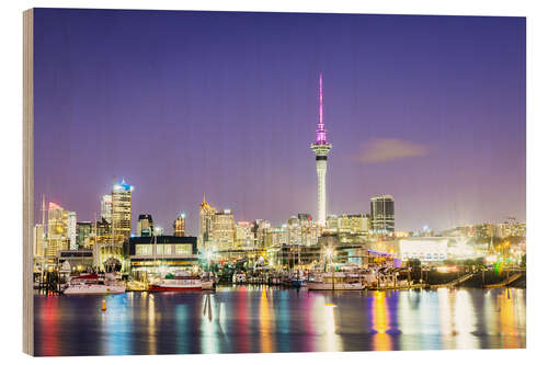 Wood print Auckland harbour and skyline at night, New Zealand