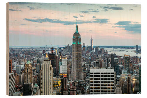 Holzbild Skyline von Manhattan mit Empire State Building bei Sonnenuntergang, Stadt New York, USA