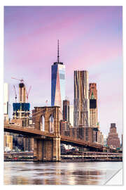 Selvklebende plakat Brooklyn bridge and Manhattan skyline at sunset, New York city, USA